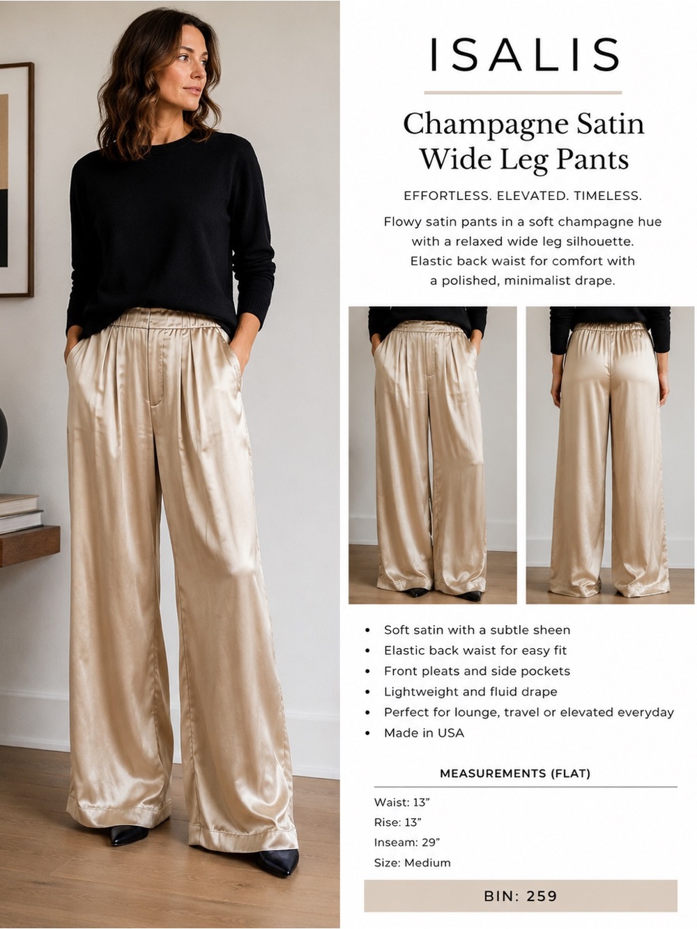 Isalis Champagne Satin Wide Leg Pants Medium Elastic Waist Minimalist Lounge